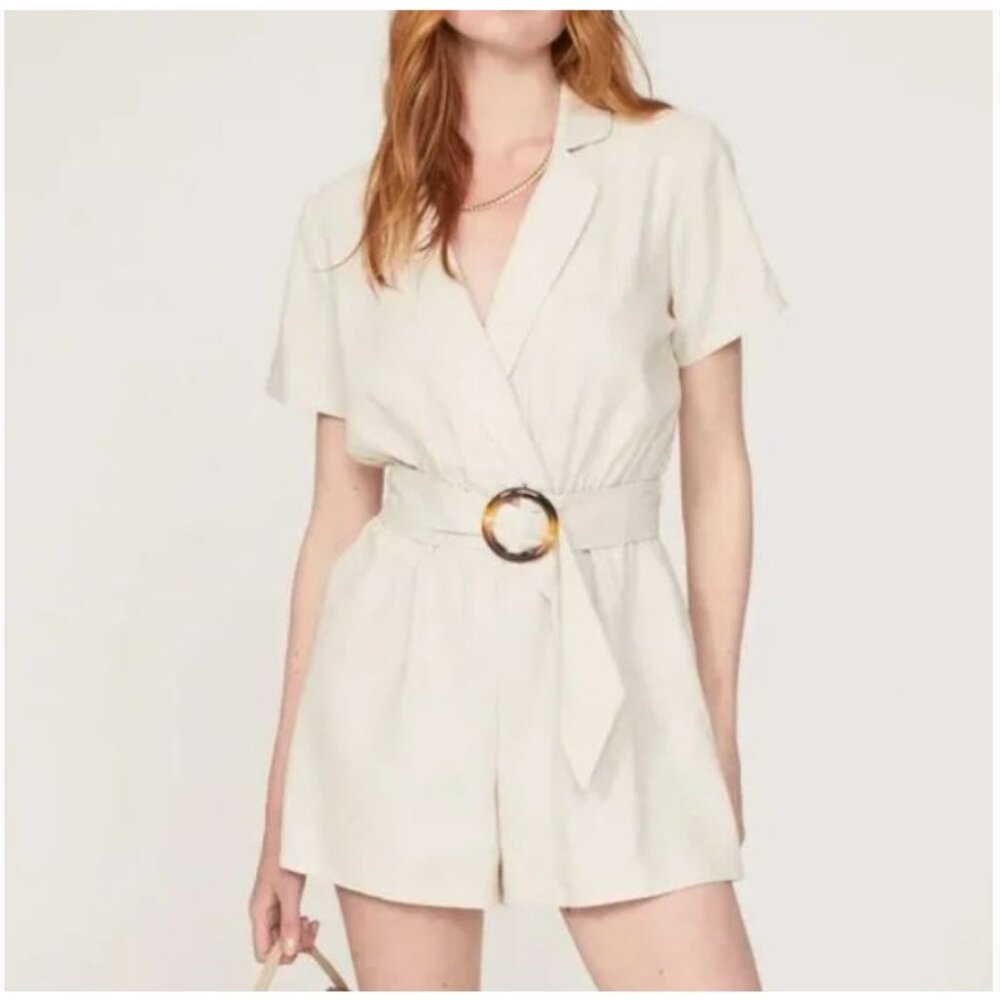 Louna Womens Beige Short Sleeve Romper With Belt, S, Viscose/Linen Blend Made In